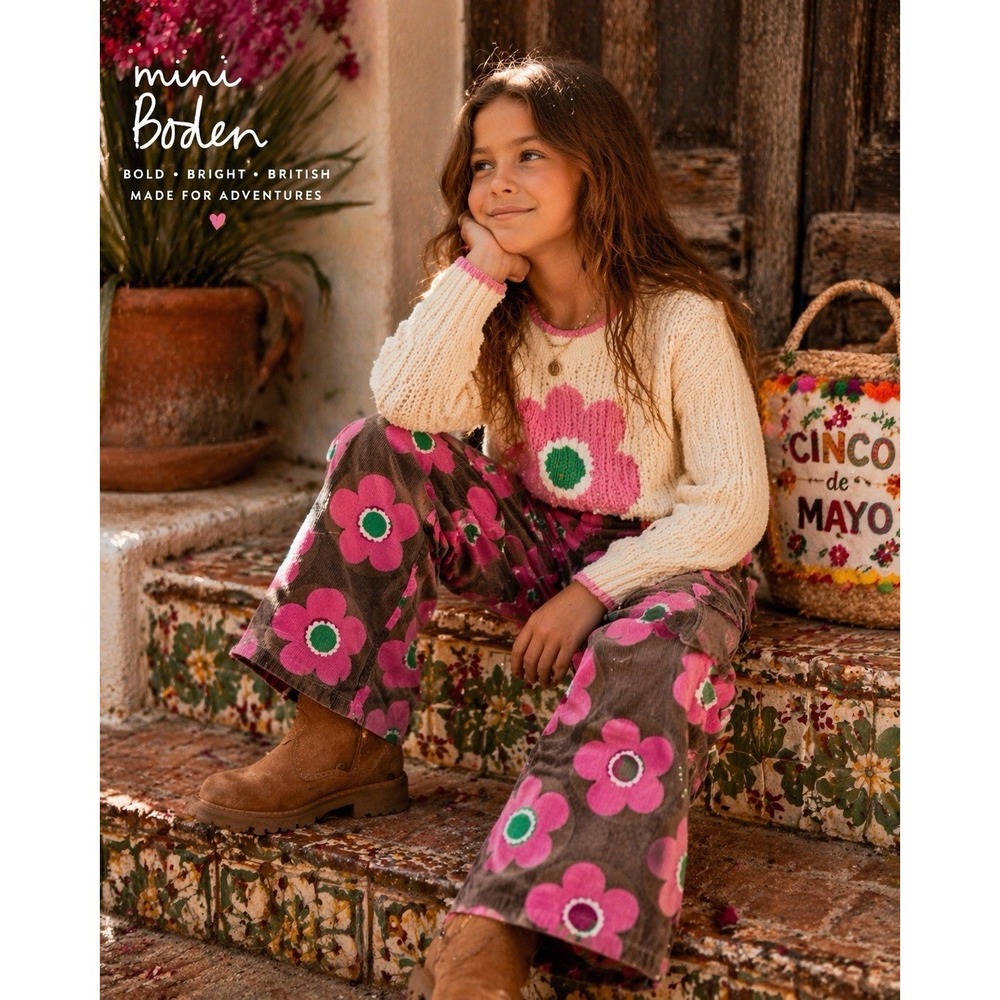 Mini‎ Boden Floral Corduroy Pants Girls 9-10Y Wide Leg Cargo Pink Brown Retro